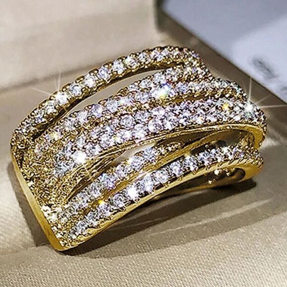 💛18k Gold Wide Band Micro Pave Cz Diamond Crisscross stacked Diamond Ring - Picture 2 of 16